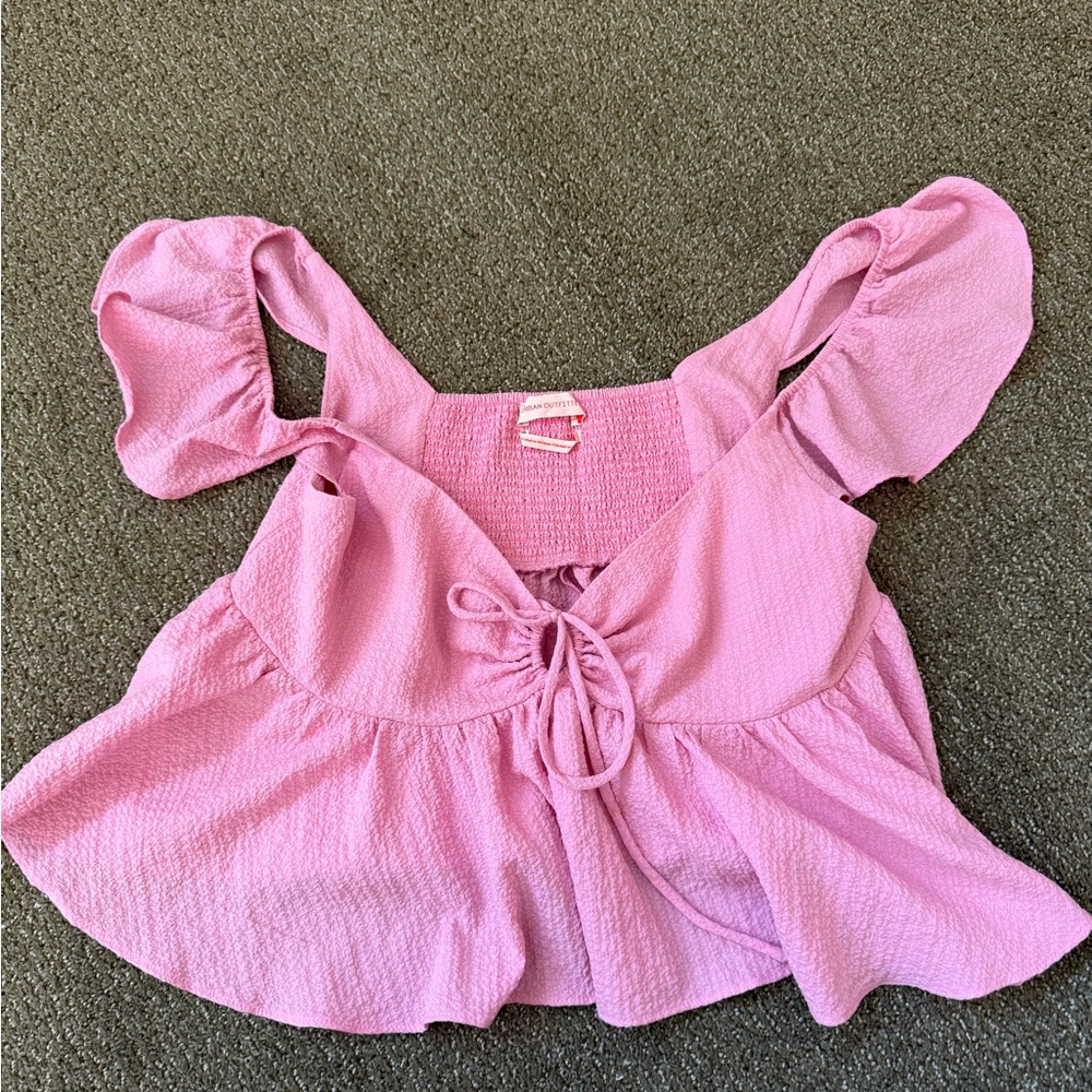 Urban Outfitters Pink Smocked Tie-Front Crop